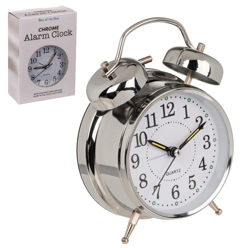 Veľký kovový retro budík 17cm s podsvietením - strieborný