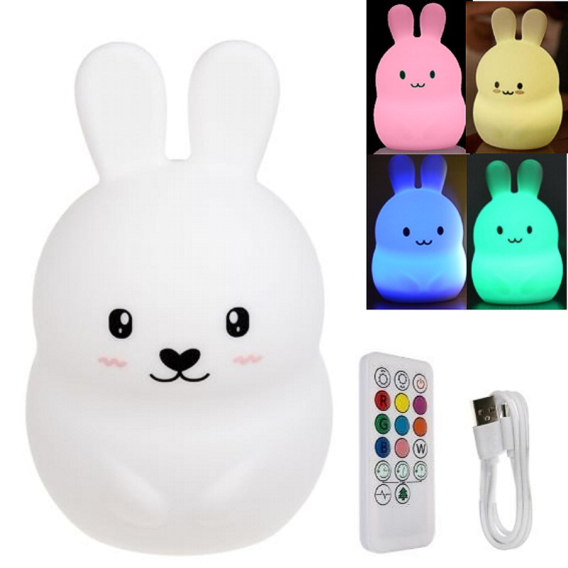 Detská dobíjacia RGB lampička s ovládačom 18cm - BIELY ZAJAČIK