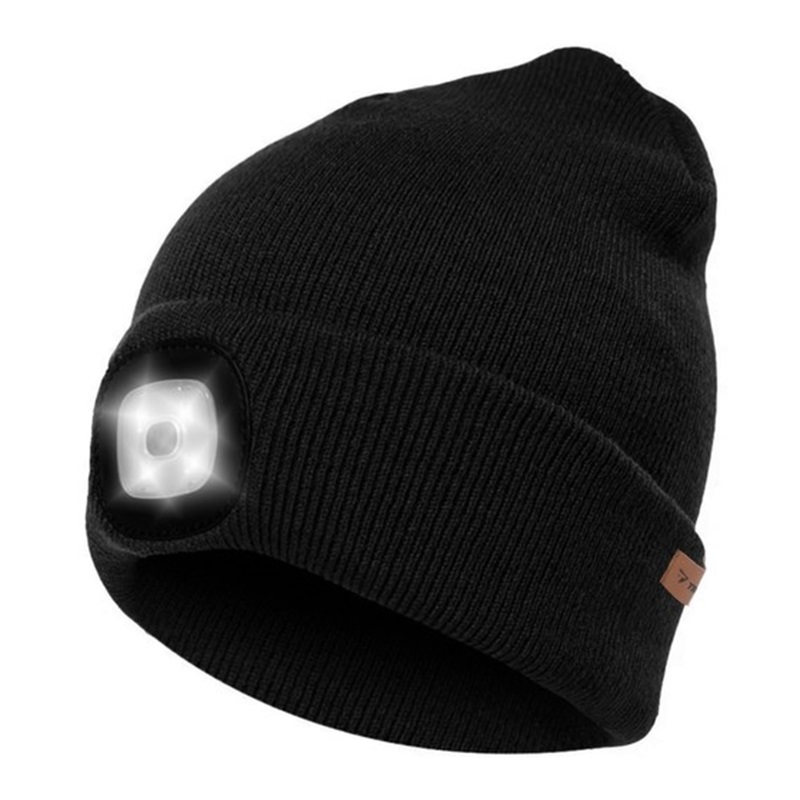 Dvojitá zimná čiapka s dobíjacím 4 LED osvetlením - čierna