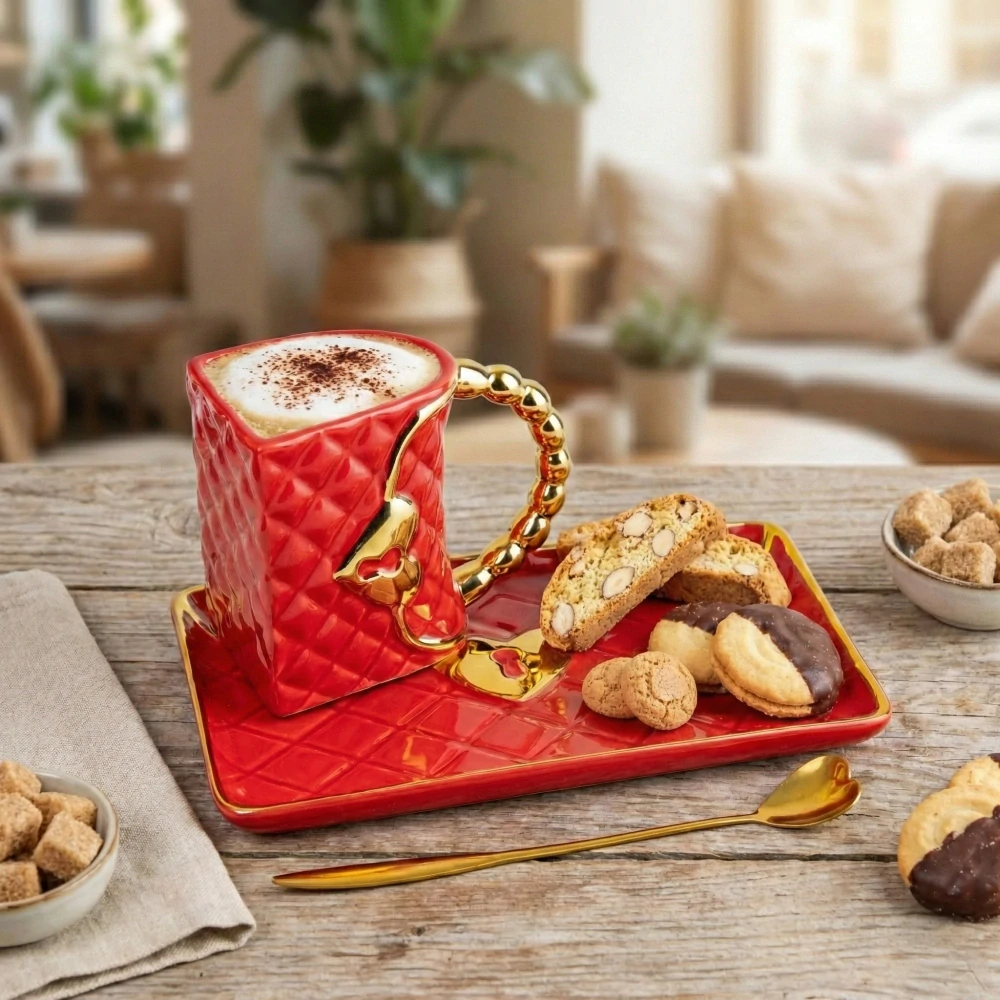 Porcelánová šálka s tanierikom a zlatistou lyžičkou – LUXUSNÁ KABELKA červená