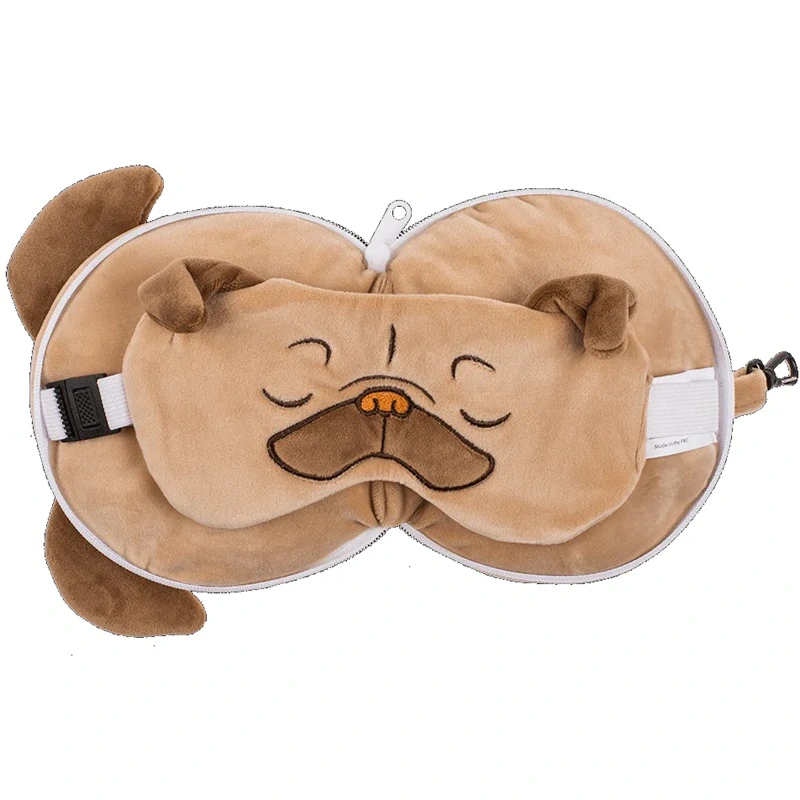 Detský plyšový cestovný vankúšik s maskou na oči – mops