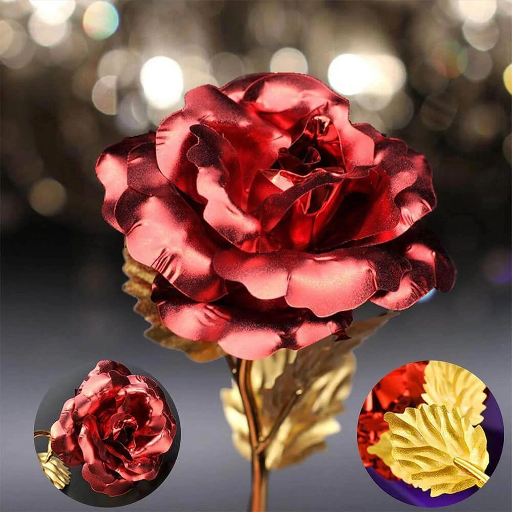 Večná ruža v darčekovom balení – červená so zlatým stonkom