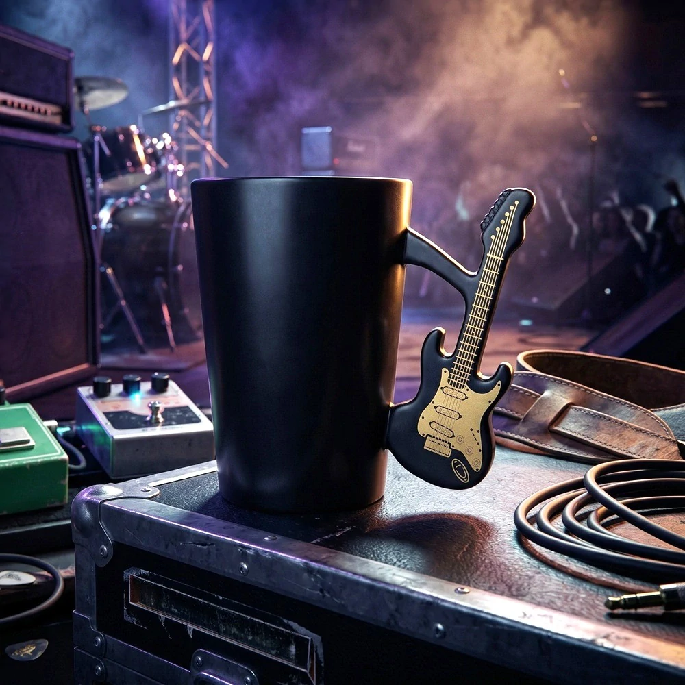 Hudobný hrnček Zlatá elektrická gitara – matne čierny, 300 ml