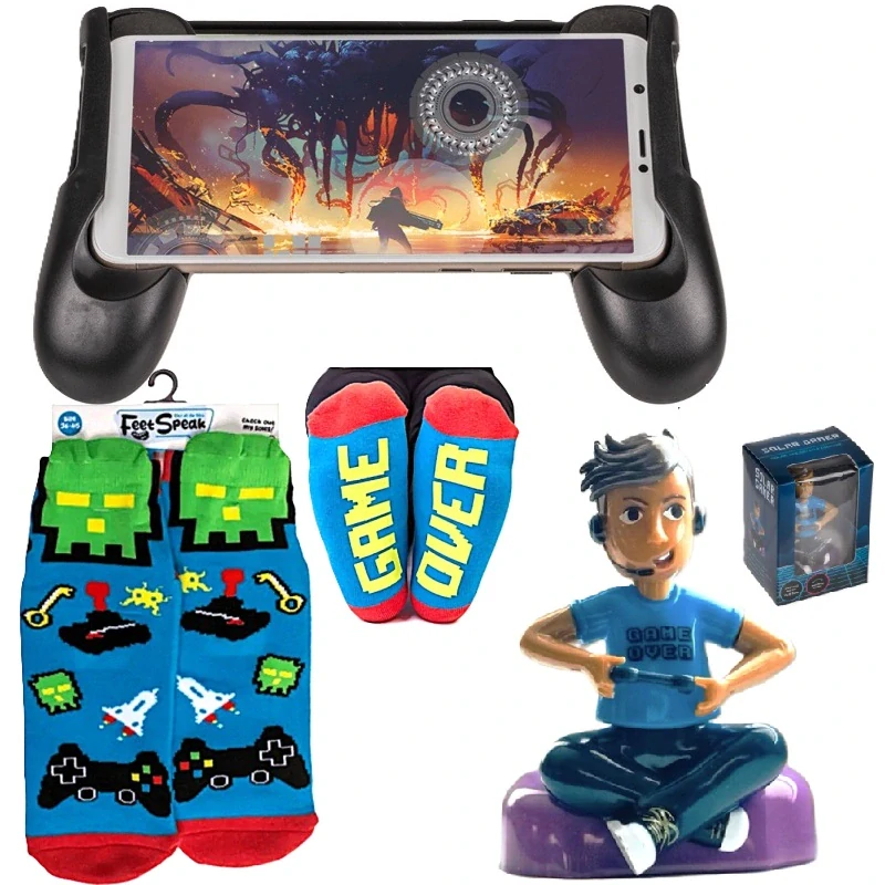 Súprava Pre hráčov - ponožky GAME OVER, solárna figúrka Gamer a držiak na mobil - Darot
