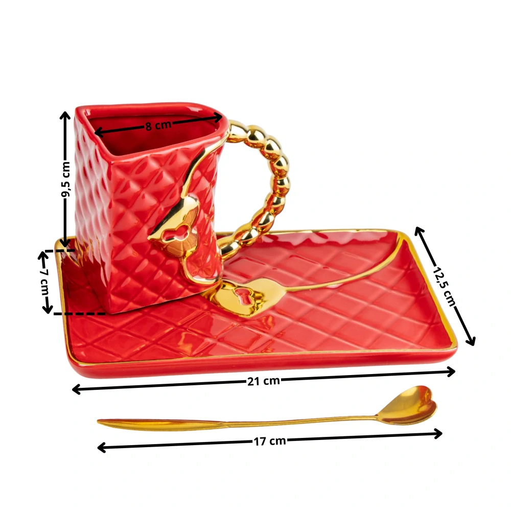 Porcelánová šálka s tanierikom a zlatistou lyžičkou – LUXUSNÁ KABELKA červená