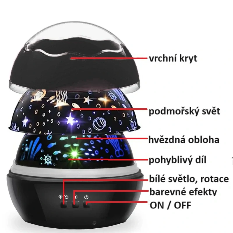 Rotujúci projektor nočná obloha, morský svet - černý LP16857
