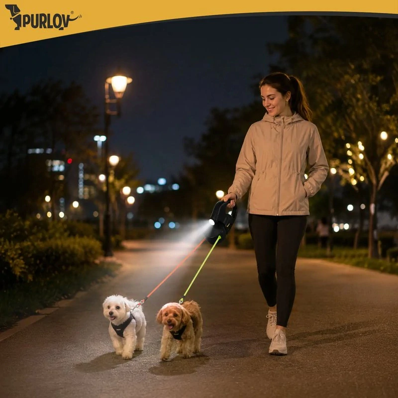 Dvojité automatické vodítko pre 2 malé psy 2x3 m s LED svetlom – do 11,4 kg na psa, PURLOV