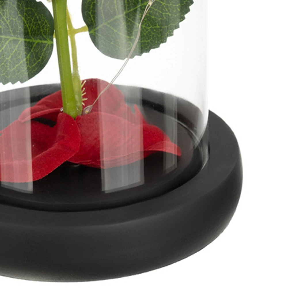 Zasklená ruža na tmavom podstavci s LED svetlom - červená