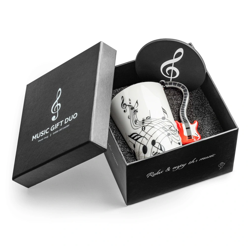 Hudobná darčeková sada – hrnček s uchom v tvare elektrickej gitary a podtácok