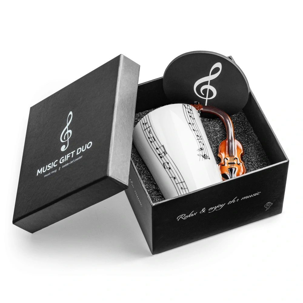 Hudobná darčeková sada – hrnček s uchom v tvare huslí a podtácok