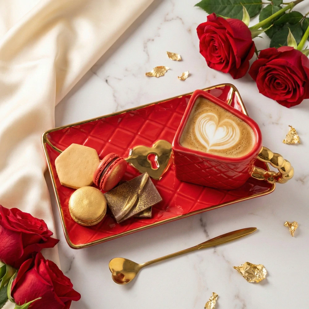 Porcelánová šálka s tanierikom a zlatistou lyžičkou – LUXUSNÁ KABELKA červená