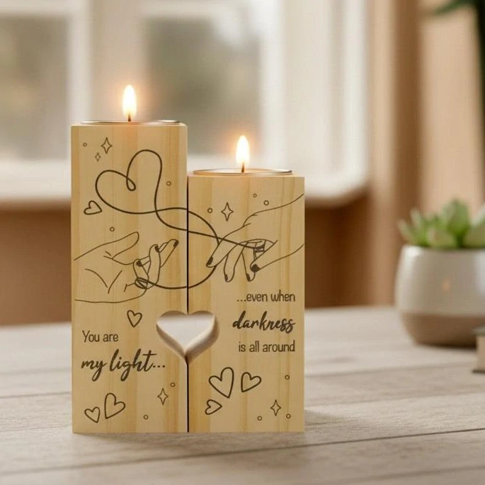 Drevené svietniky s čajovými sviečkami pre páry, 2 ks – romantický darček