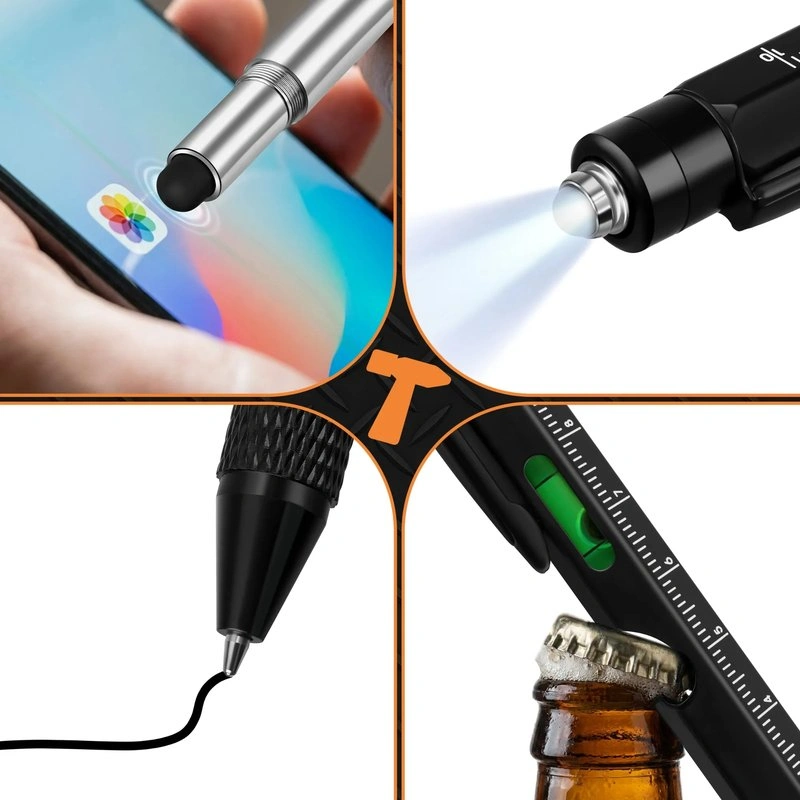 Multifunkčné pero 9v1 s LED svetlom Bigstren – skrutkovač, vodováha, pravítko, otvárač a stylus