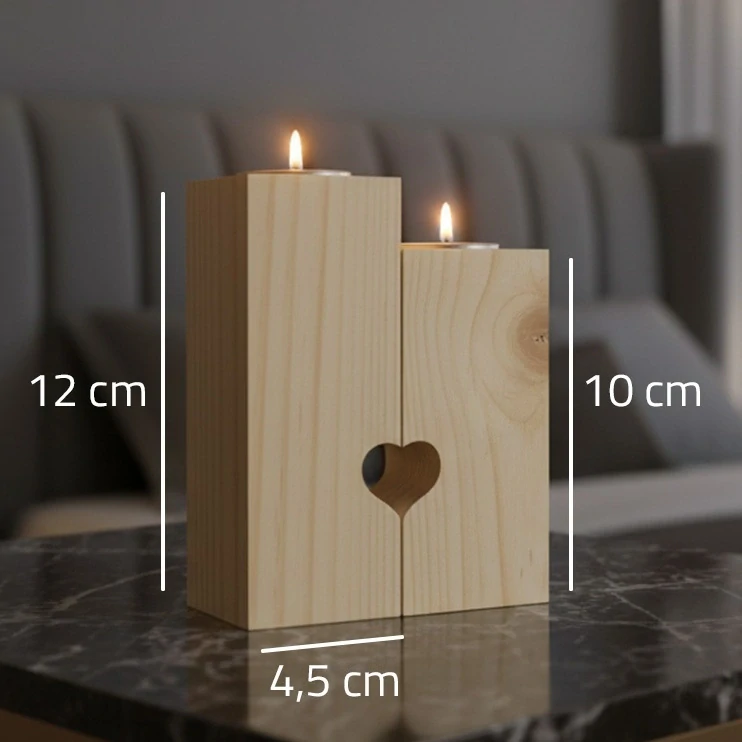 Drevené svietniky s čajovými sviečkami pre páry, 2 ks – romantický darček