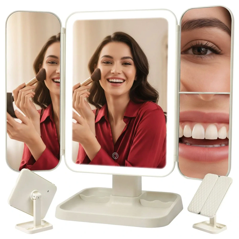 Skladacie kozmetické zrkadlo LED 26952 – 3-dielne, zväčšovacie, USB-C