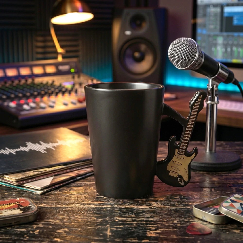 Hudobný hrnček Zlatá elektrická gitara – matne čierny, 300 ml