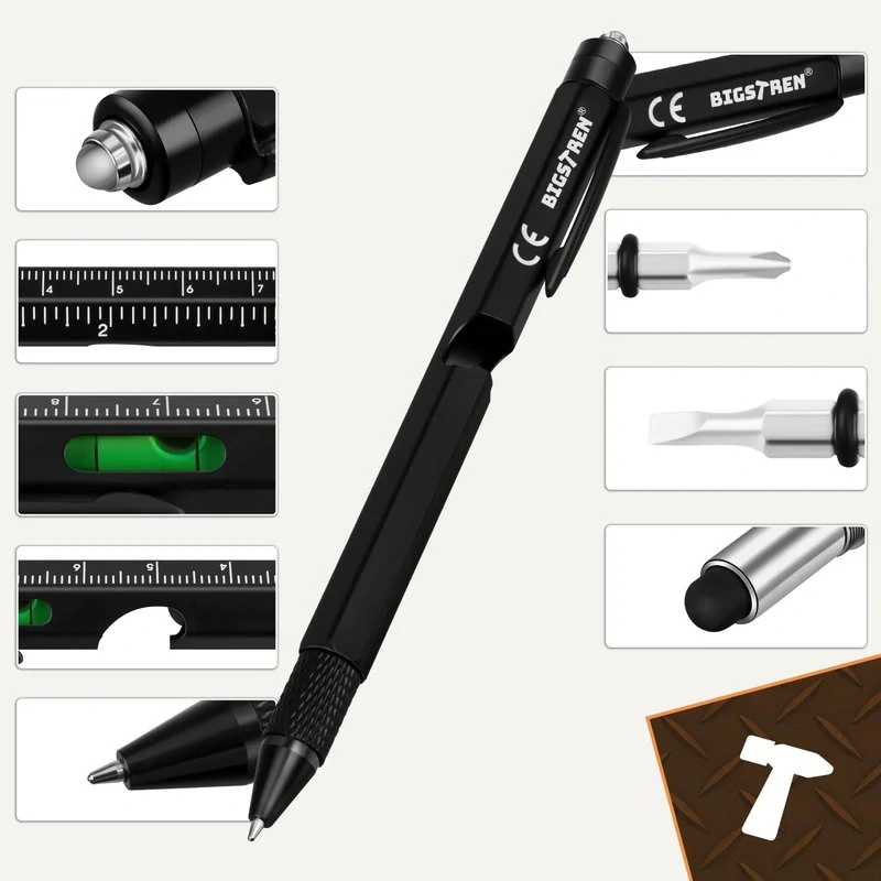 Multifunkčné pero 9v1 s LED svetlom Bigstren – skrutkovač, vodováha, pravítko, otvárač a stylus