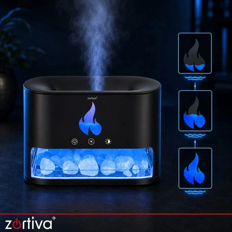 Aróma difuzér a zvlhčovač Zortiva s plameňom a podsvietenými kameňmi 250 ml