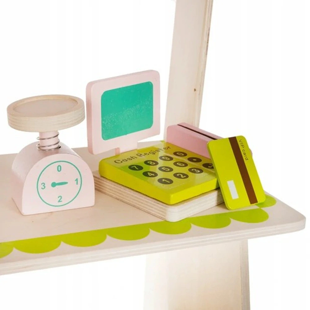 Drevený obchod na hranie s pokladňou a ovocím 25 dielov - Kruzzel