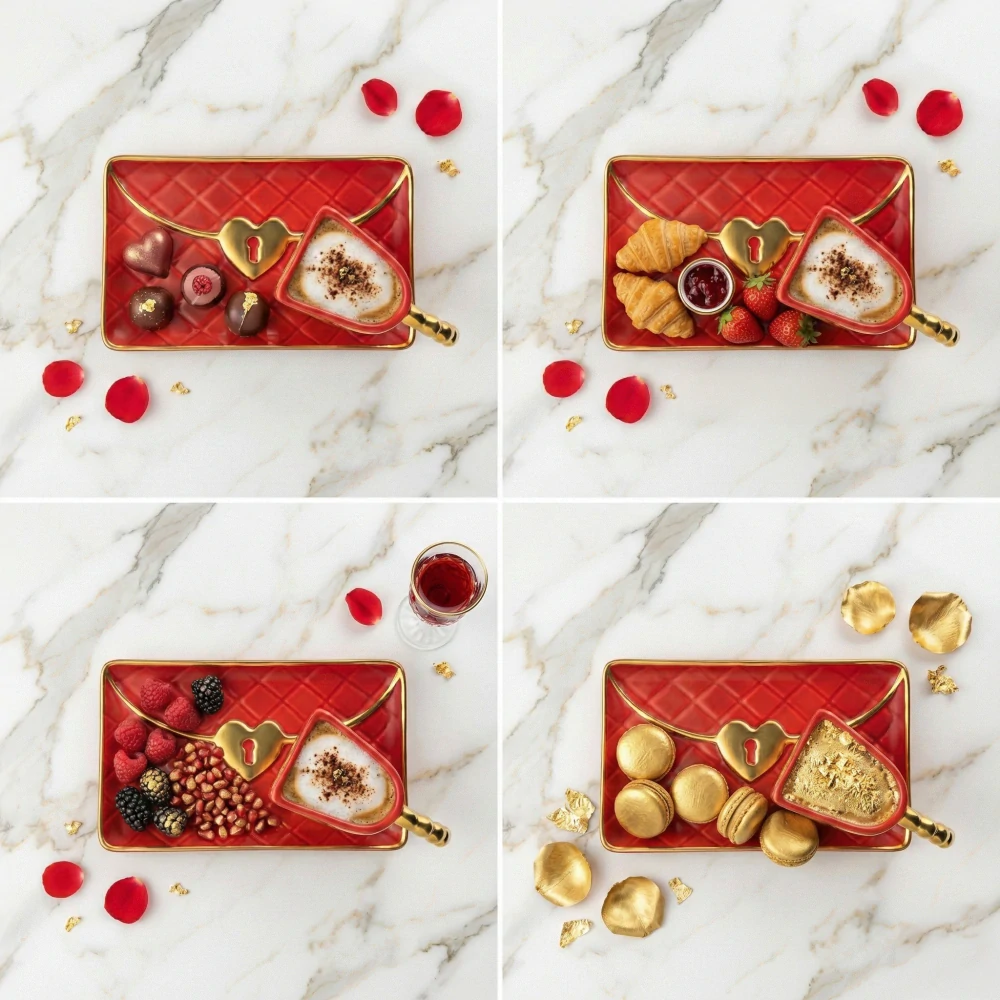 Porcelánová šálka s tanierikom a zlatistou lyžičkou – LUXUSNÁ KABELKA červená