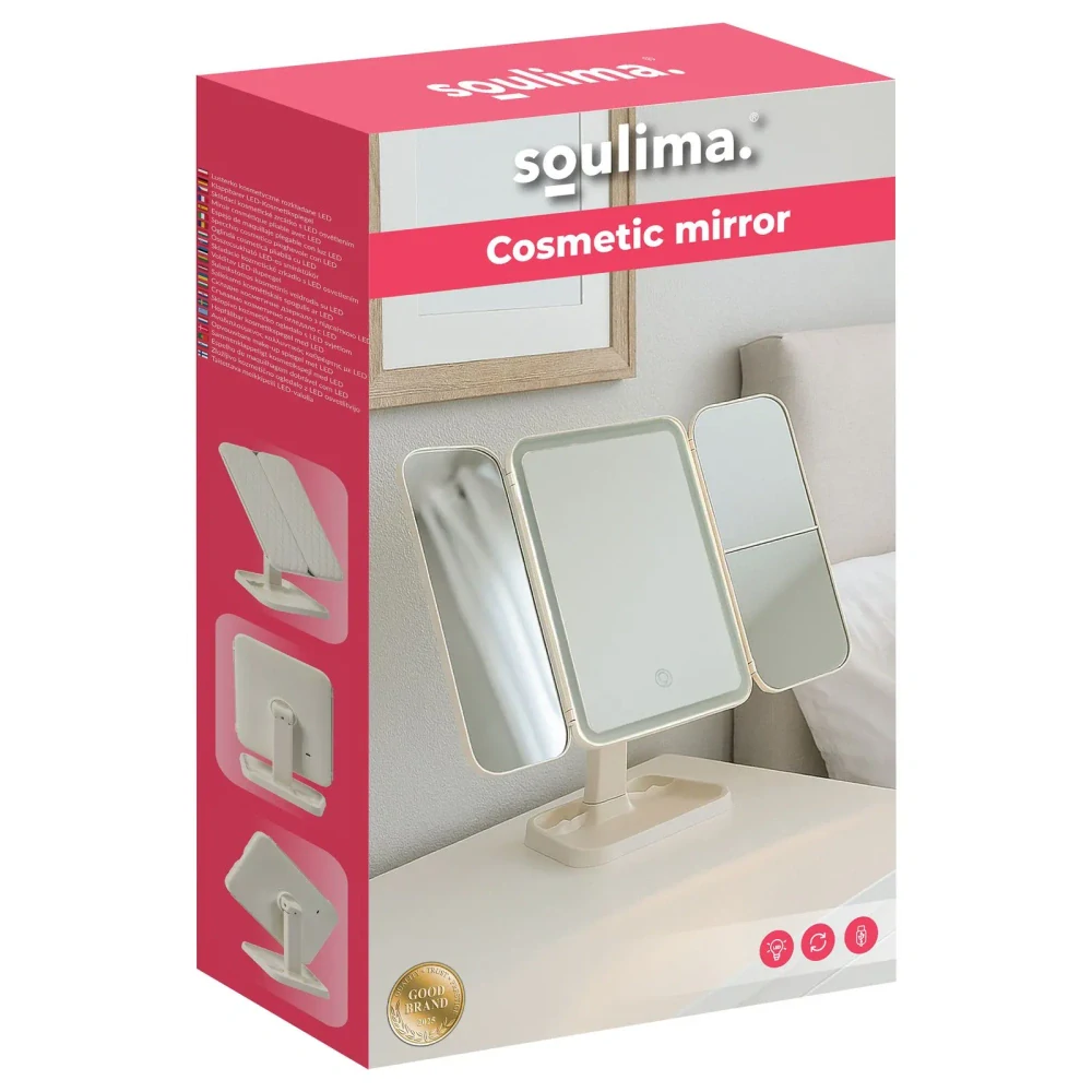 Skladacie kozmetické zrkadlo LED 26952 – 3-dielne, zväčšovacie, USB-C