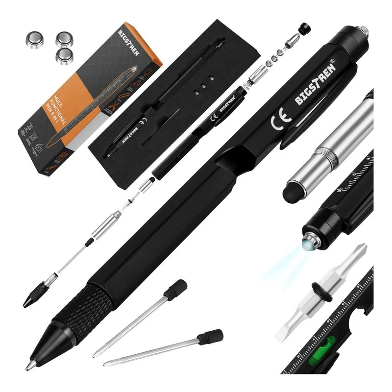 Multifunkčné pero 9v1 s LED svetlom Bigstren – skrutkovač, vodováha, pravítko, otvárač a stylus