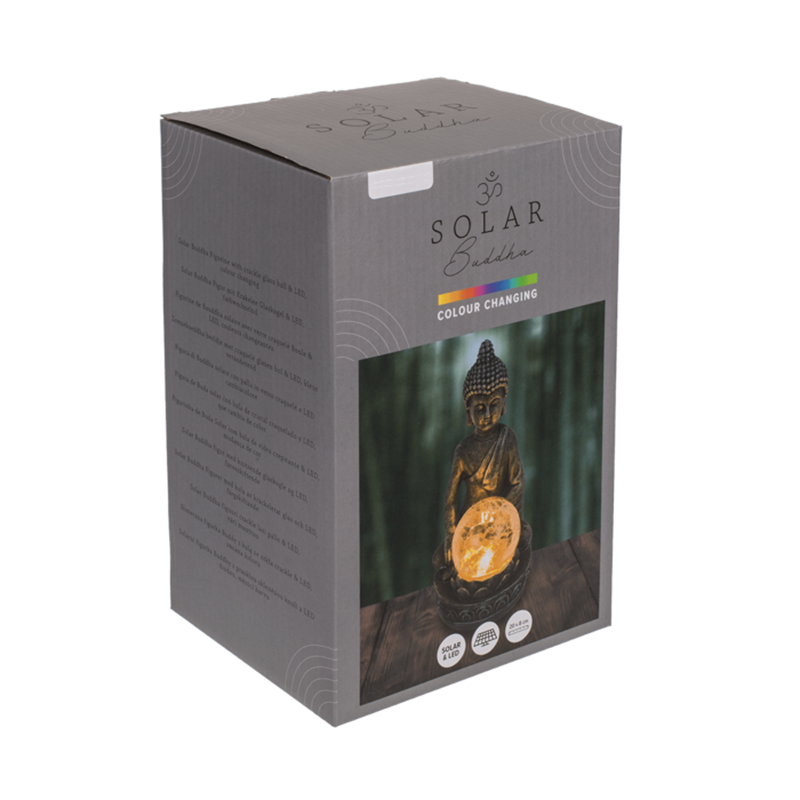 Meditujúci Buddha so solárnou LED dekoratívne popraskanou guľou