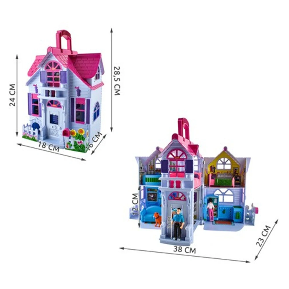 Skladací domček pre bábiky s figúrkami a nábytkom v prenosnom kufríku - 22612