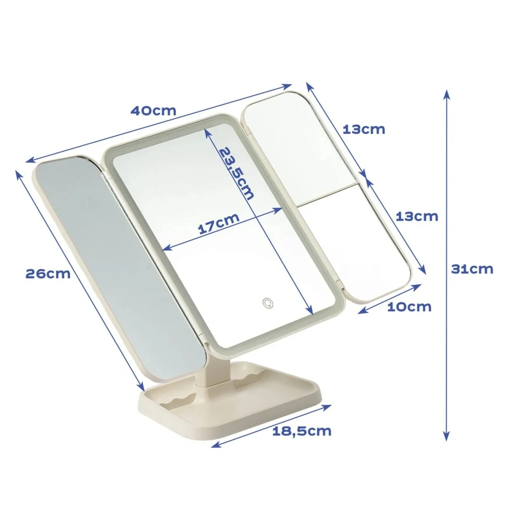Skladacie kozmetické zrkadlo LED 26952 – 3-dielne, zväčšovacie, USB-C