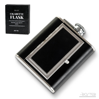 Kovová ploskačka s tabatierkou - poťah čierna koženka