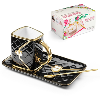 Keramická šálka s tanierikom a zlatistou lyžičkou LUXUSNÁ KABELKA – zlatočierna