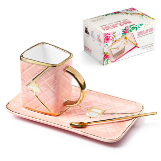 Keramická šálka s tanierikom a zlatistou lyžičkou LUXUSNÁ KABELKA – zlatoružová