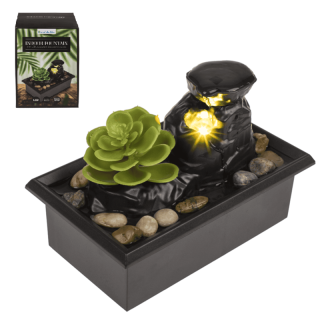 Vodná izbová fontánka LED, sukulent a dekoračné kamene – batériová