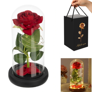 Zasklená ruža na tmavom podstavci s LED svetlom - červená