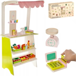 Drevený obchod na hranie s pokladňou a ovocím 25 dielov - Kruzzel