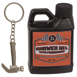 Sprchový gél v kanistri a kľúčenka kladivo – darček pre domácich majstrov a tesárov