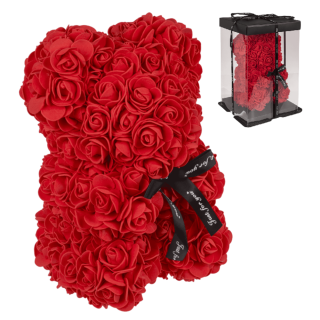 Medvedík z ruží v darčekovej krabičke 25cm - červený symbol lásky