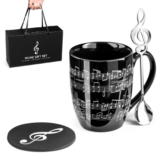 Luxusná sada pre hudobníkov v darčekovej taške - hrnček, podložka a lyžička s husľovým kľúčom