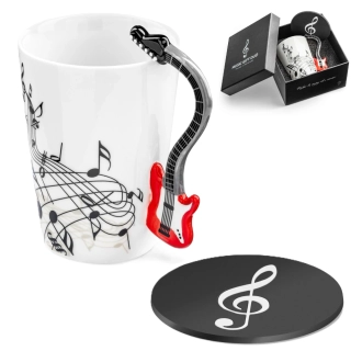 Hudobná darčeková sada – hrnček s uchom v tvare elektrickej gitary a podtácok