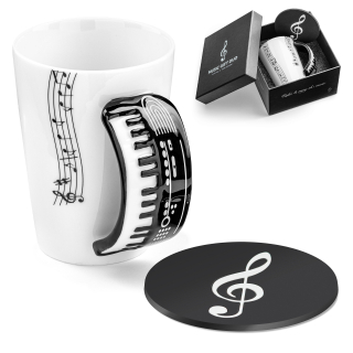 Hudobná darčeková sada – hrnček s uchom v tvare klavíra a podtácok