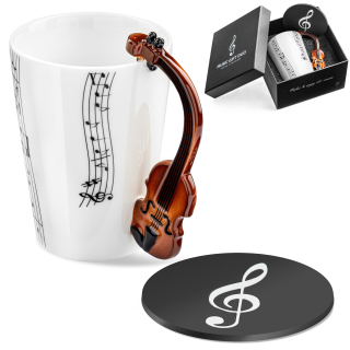 Hudobná darčeková sada – hrnček s uchom v tvare huslí a podtácok
