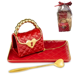 Porcelánová šálka s tanierikom a zlatistou lyžičkou – LUXUSNÁ KABELKA červená