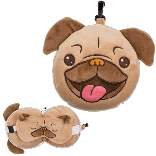 Detský plyšový cestovný vankúšik s maskou na oči – mops