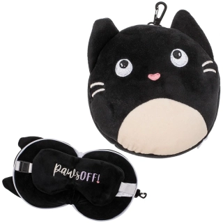 Detský plyšový cestovný vankúšik s maskou na oči – čierna mačka