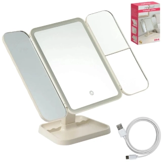 Skladacie kozmetické zrkadlo LED 26952 – 3-dielne, zväčšovacie, USB-C