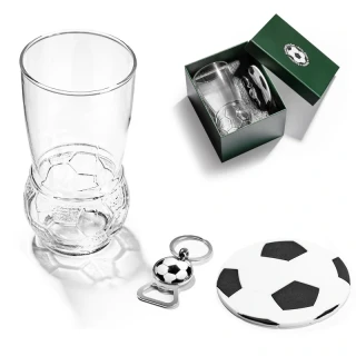 Pivný pohár s futbalovou loptou 450 ml – podložka a kľúčenka s otváračom v darčekovej krabici